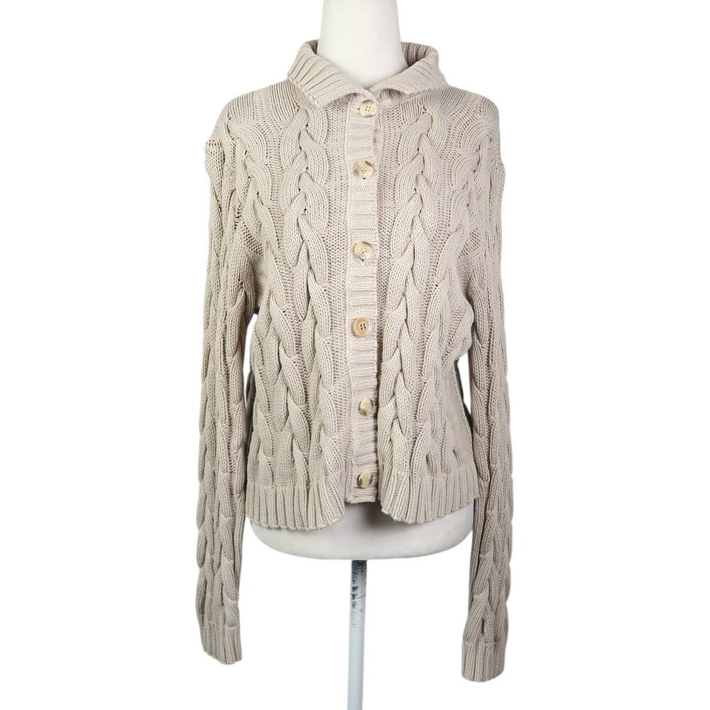 Vintage 90s BKG & Company Tan Cotton Cable Knit Cardigan Sweater